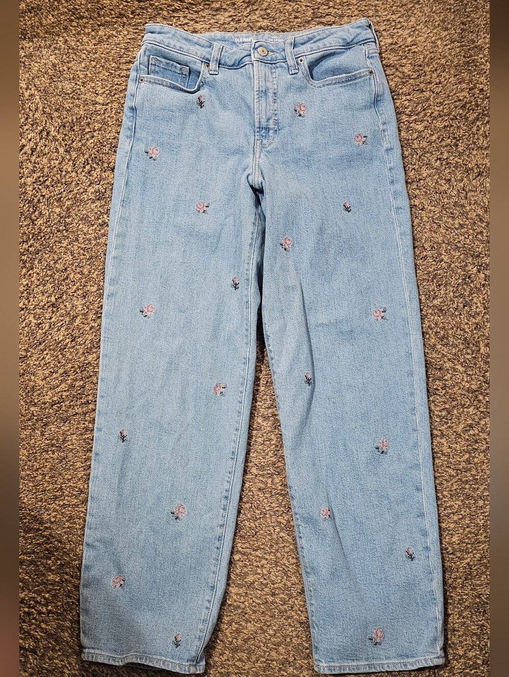 OLD NAVY OG Loose High Rise Baggy Floral Embroidered Jeans Light Wash Size 6